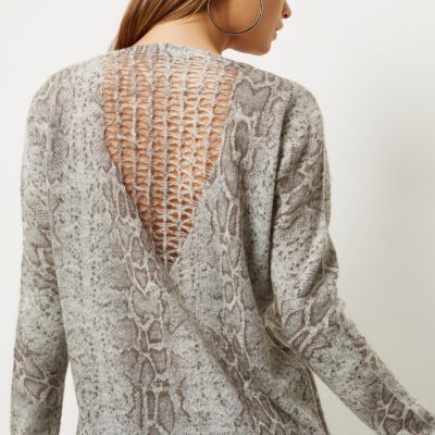 Grey snake lattice back V neck knit jumper
